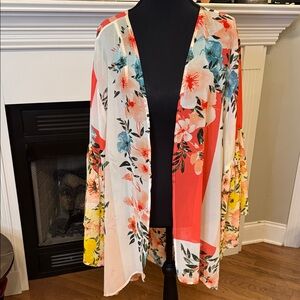 Floral Open-Front Kimono with Pink and Blue Accents - EUC - XL